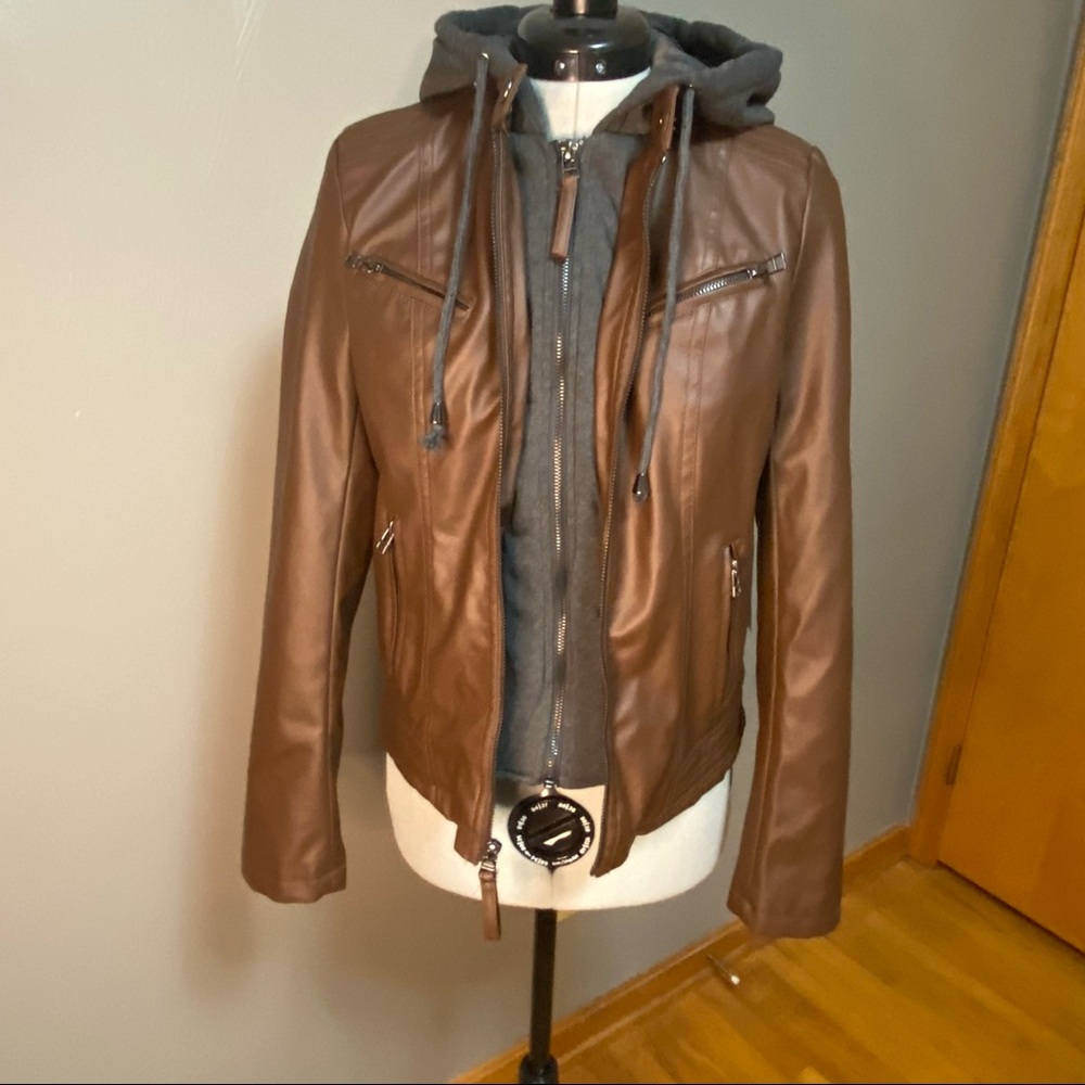 Women Brown Gray Maralyn & Me Faux Leather Jacket with sweatshirt hood S